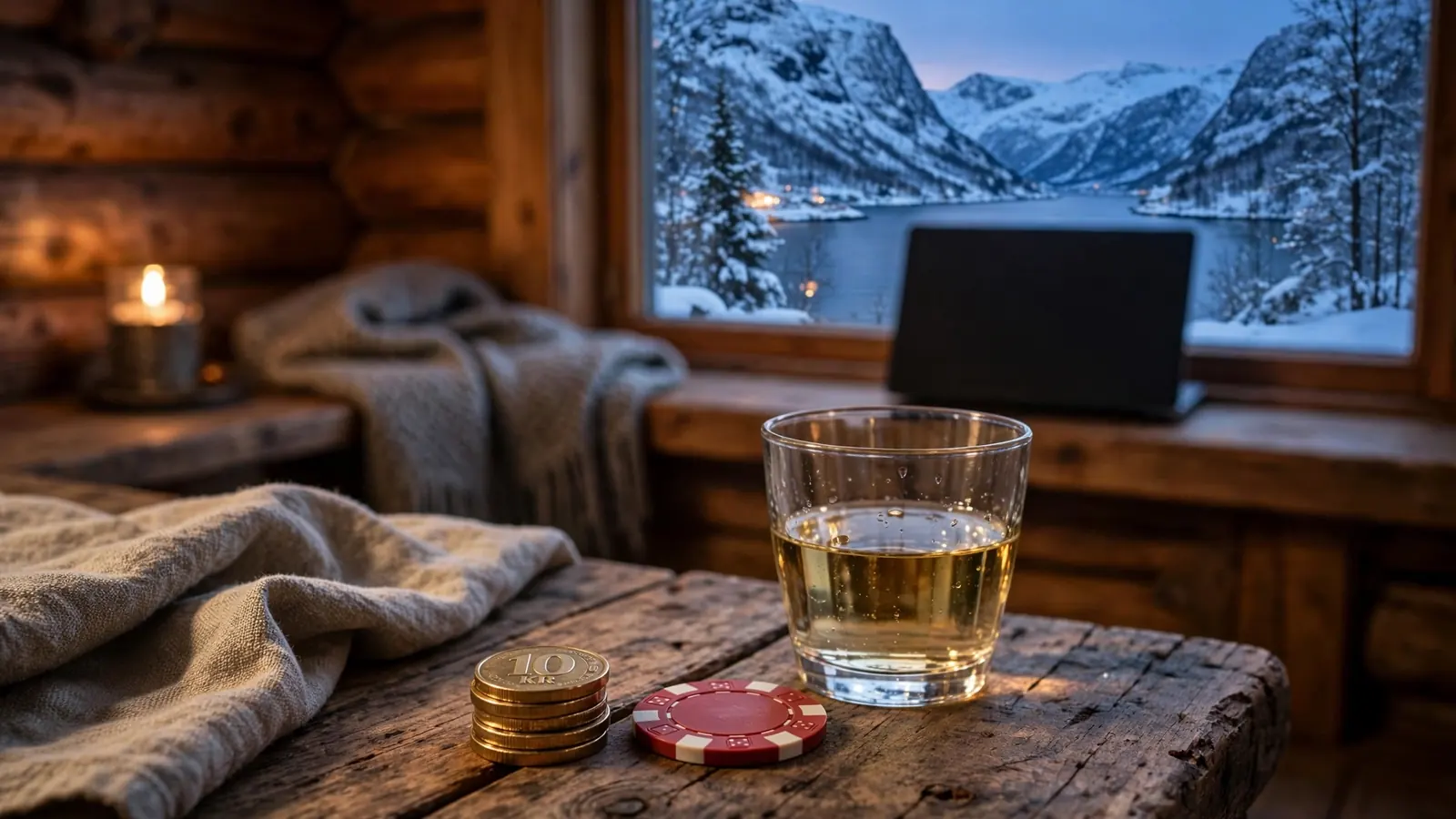 Norske 10-kronersmynter og casinobrikke på et trebord i en hytte