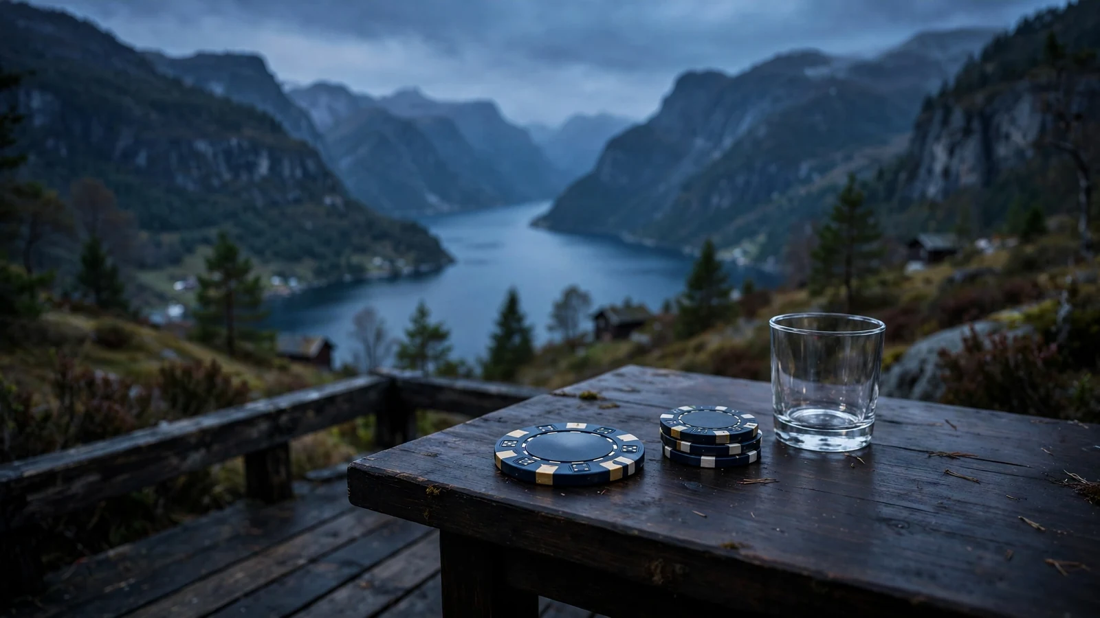 Norsk fjord med casinobrikker på bord