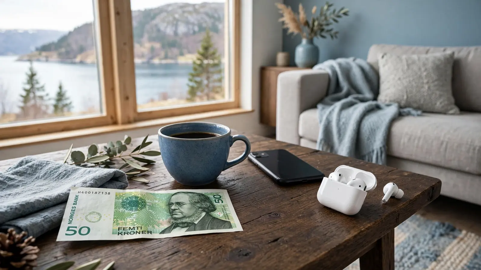 Norsk 50-kronerseddel på et stuebord med kaffekopp