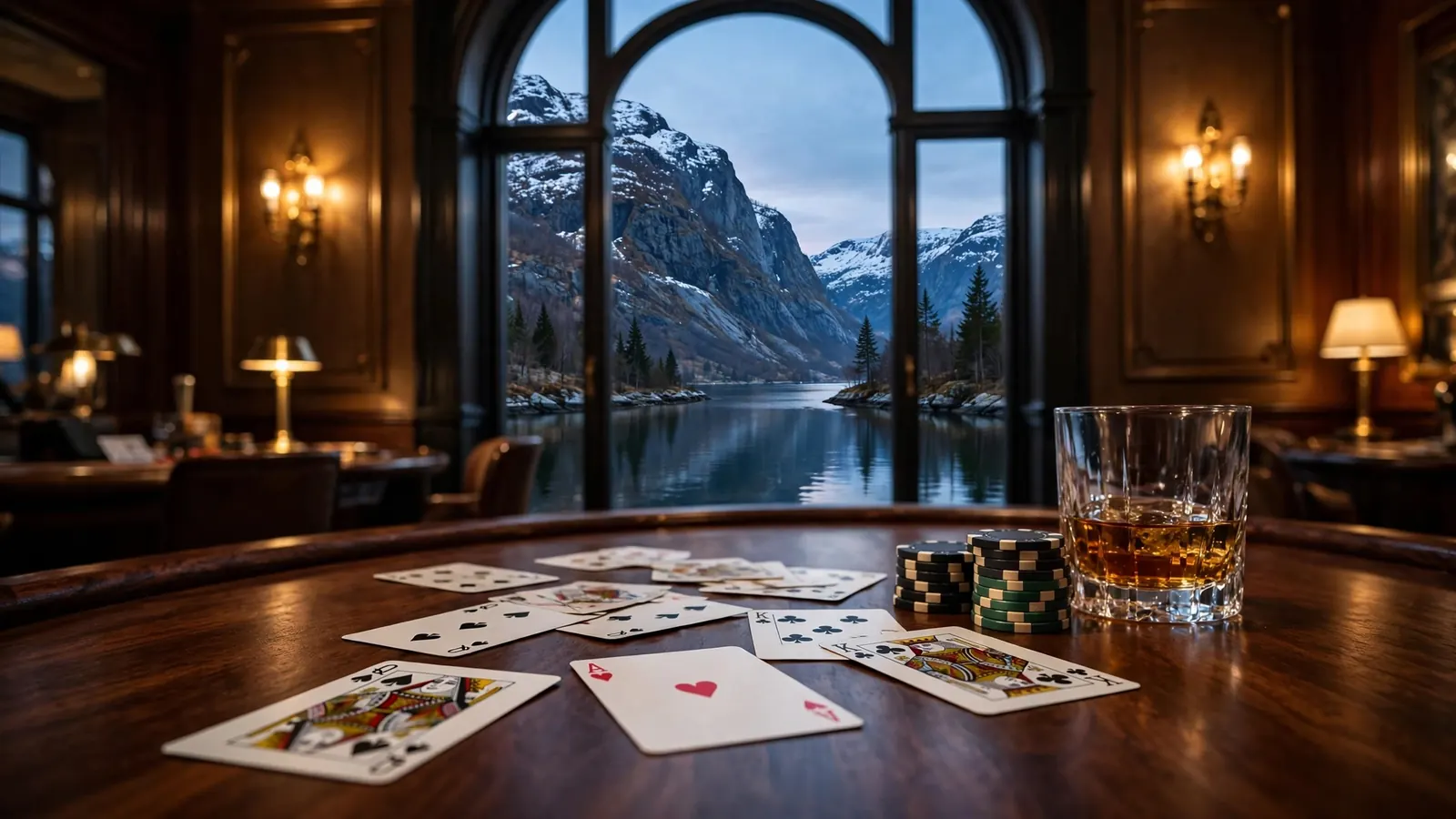 Elegant kveldsscene i et norsk casino med kort og jetonger, fjordutsikt gjennom vinduet