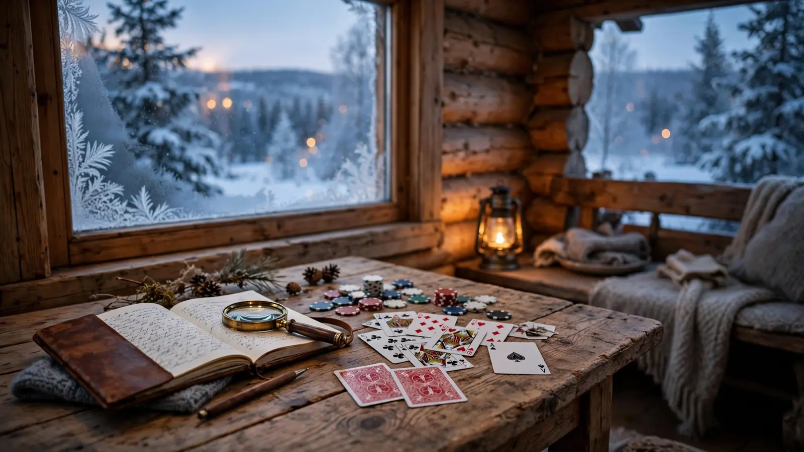 Norsk hytte med casinoutstyr og notatbok på bordet