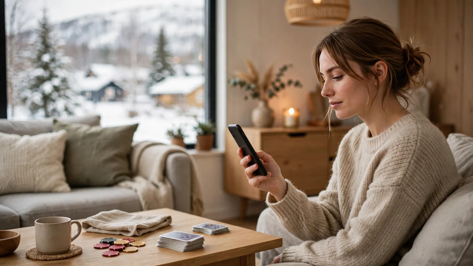 Person i moderne norsk stue holder en smarttelefon, med casinobrikker og kortbord
