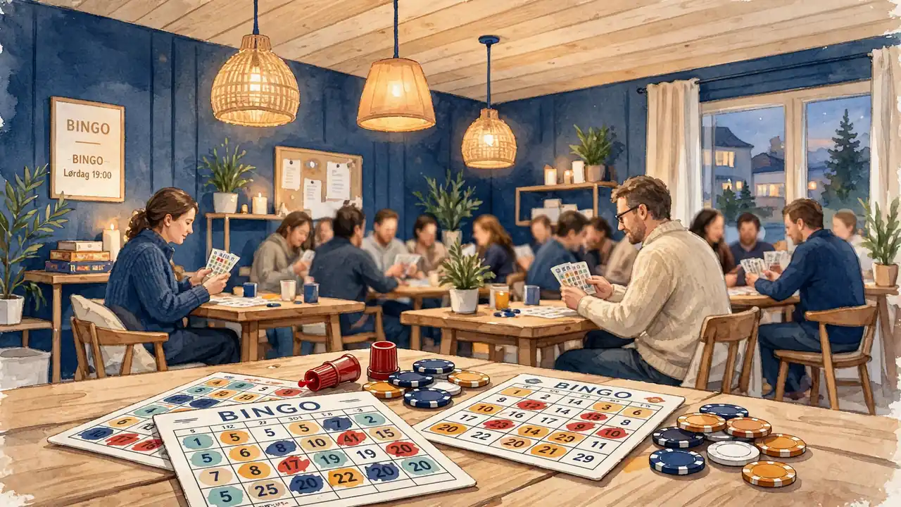 Koselig bingorom i et moderne norsk casino med bingobrett og fargestifter