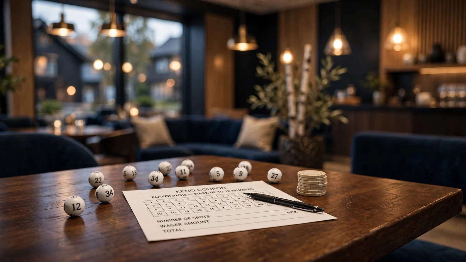 Elegant norsk casinolounge med keno-kuler, kupong og jetonger på bordet