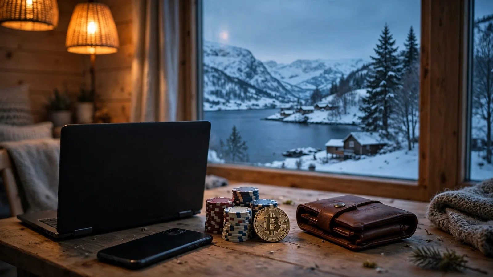 Krypto casinobord med brikker og Bitcoin-mynt i norsk vinterstemning