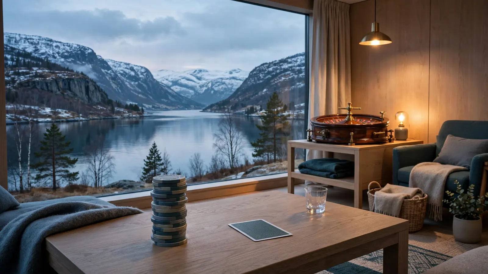 Elegant nordisk stue med kasinobrikker, roulettehjul og utsikt over norsk fjord