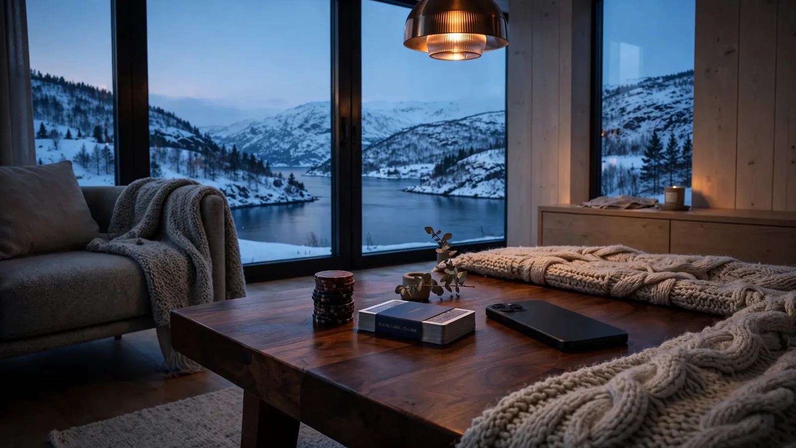 Elegant norsk stue med casinojetonger og kort på et bord, utsikt over fjord i skumring