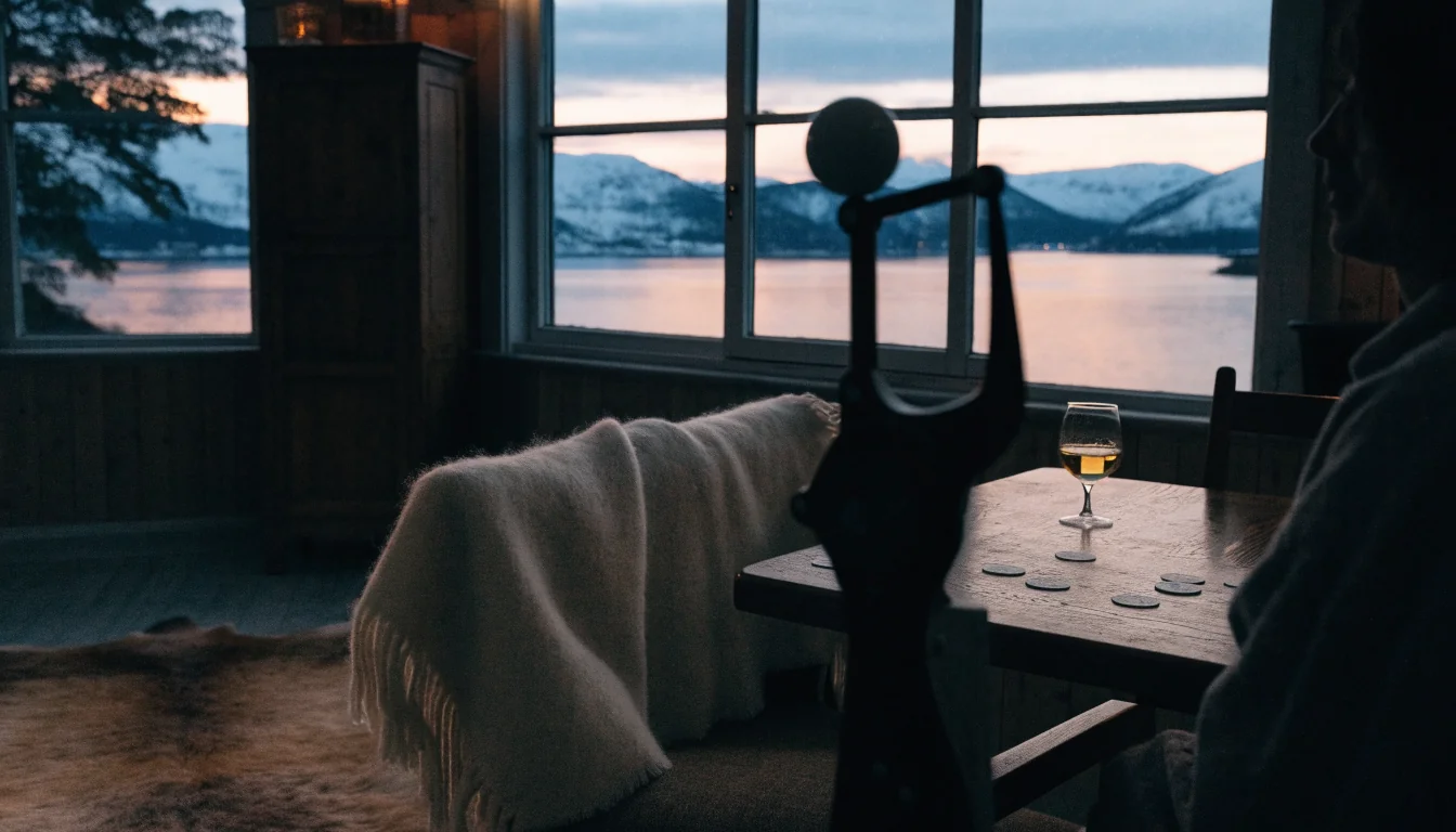 Klassisk spilleautomat i en koselig norsk stue med fjordutsikt