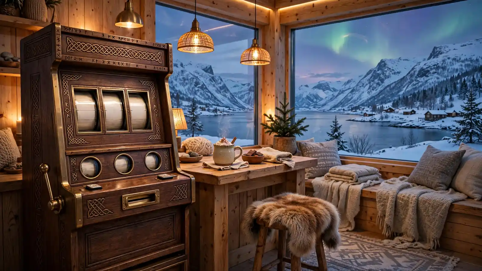 Moderne spilleautomat i norsk fjordlandskap i skumringen