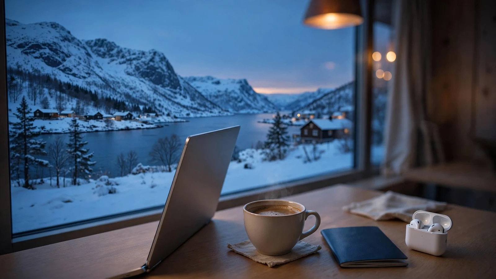 Laptop på skrivebord med utsikt over norsk fjord