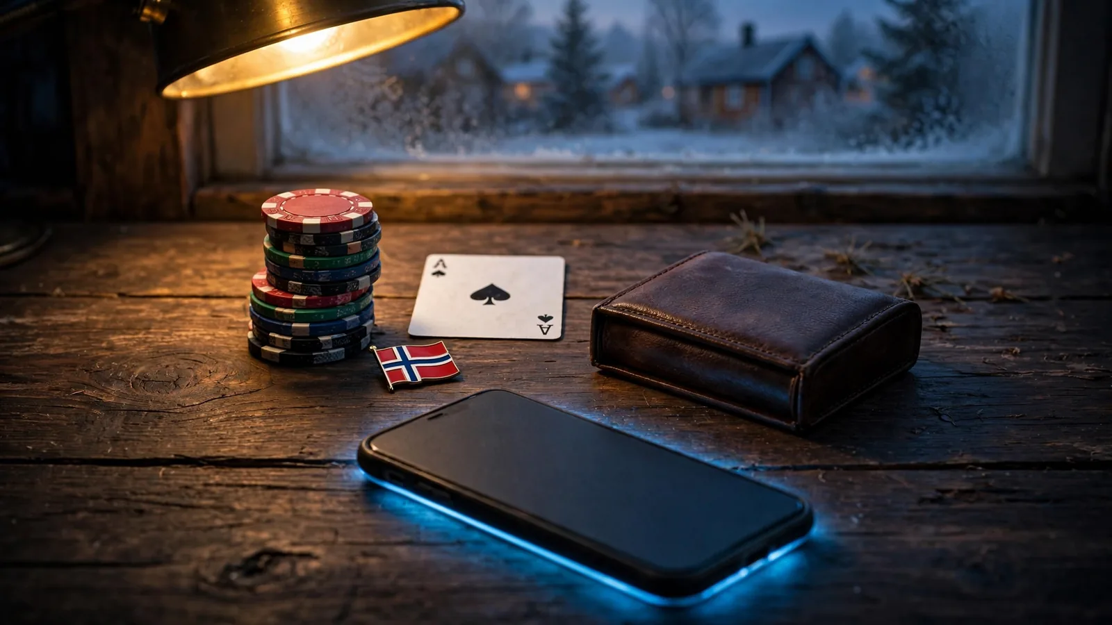 Casino-kuler, kort og en nedlagt telefon på et mørkt skrivebord, norsk vinterstemning