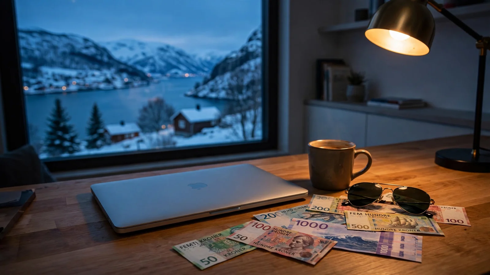 Lukket laptop på skrivebord med norske sedler og kaffekopp