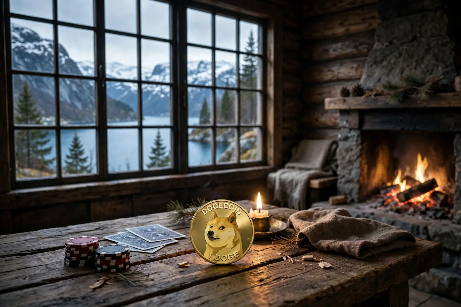 Casinochips, spillkort og Dogecoin-mynt på trebord i norsk hytte med fjordutsikt