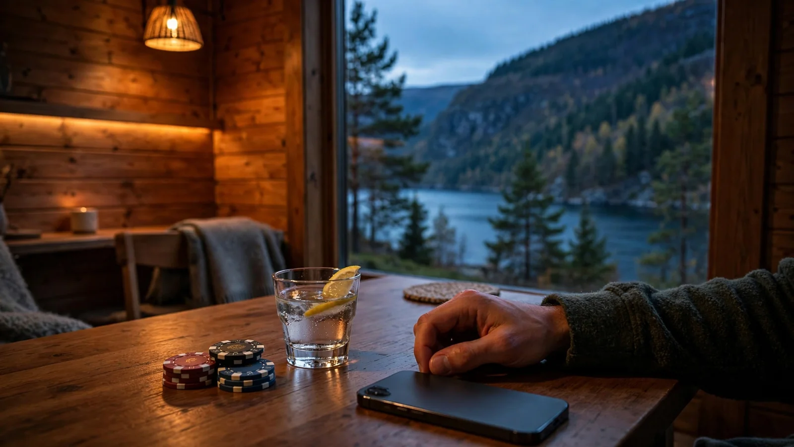 Norsk stue med casinobrikker og krystallklart glass ved fjord