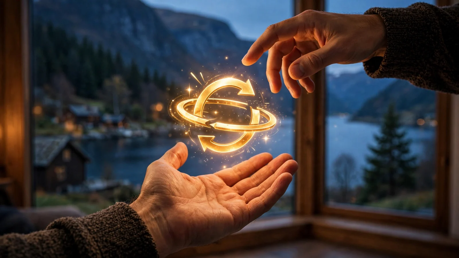 Hånd som rekker seg mot et gyldent gratisspinn-symbol med norsk fjord i bakgrunnen
