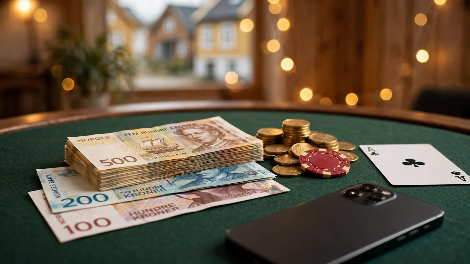 Norske kroner, casinobrikker og kort på grønn filtbane