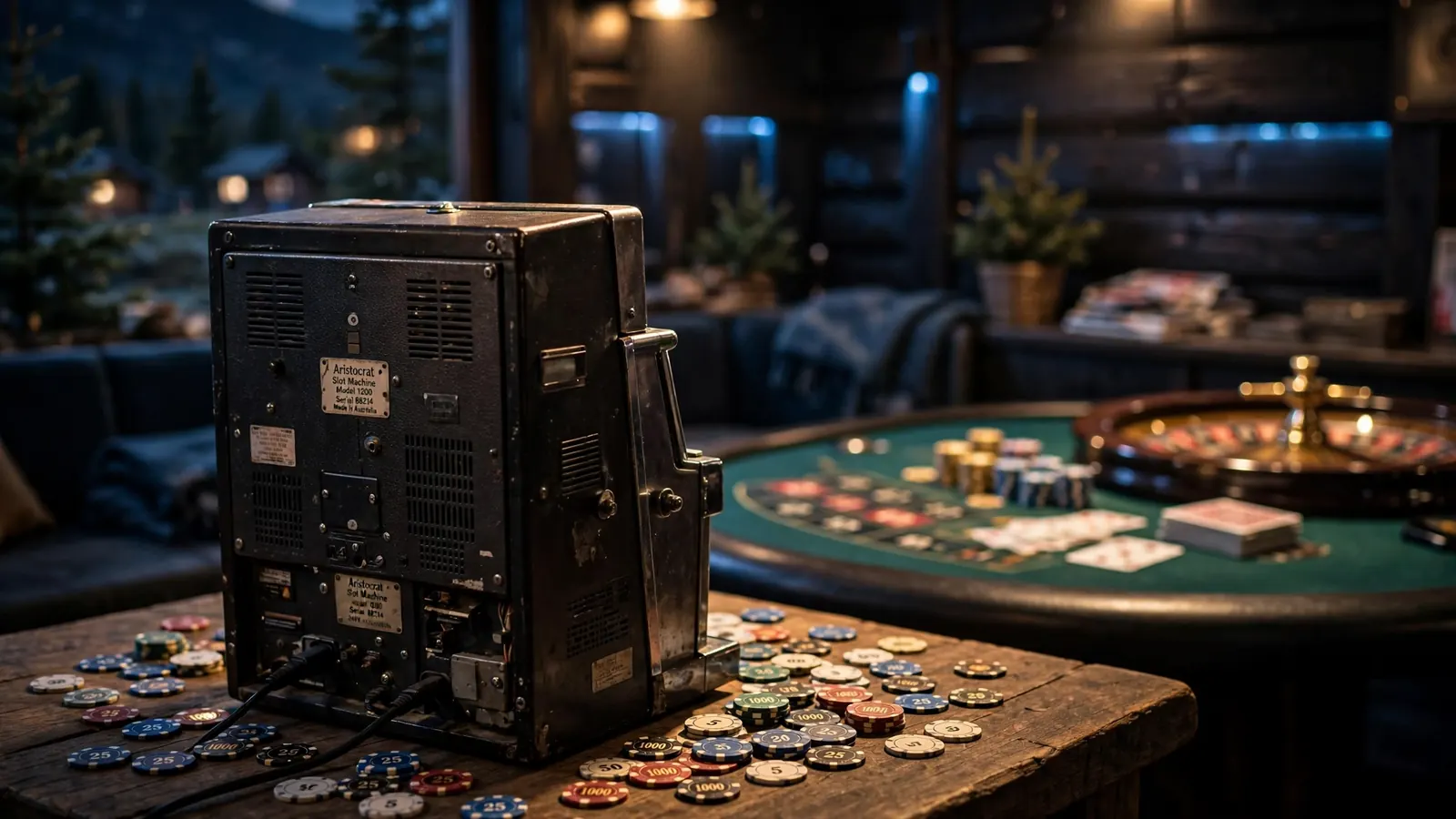 Mørk casinospillsal med spilleautomat og jetonger på bordet