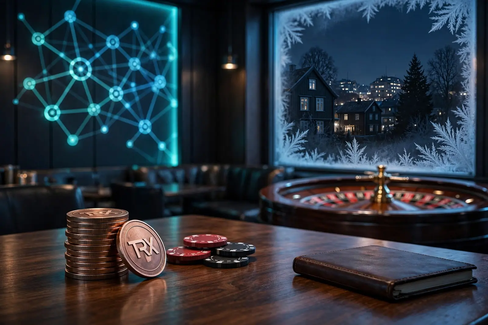 Mørkt kryptokasino-interiør med Tron-mynter, jetonger og rulett under blå neon