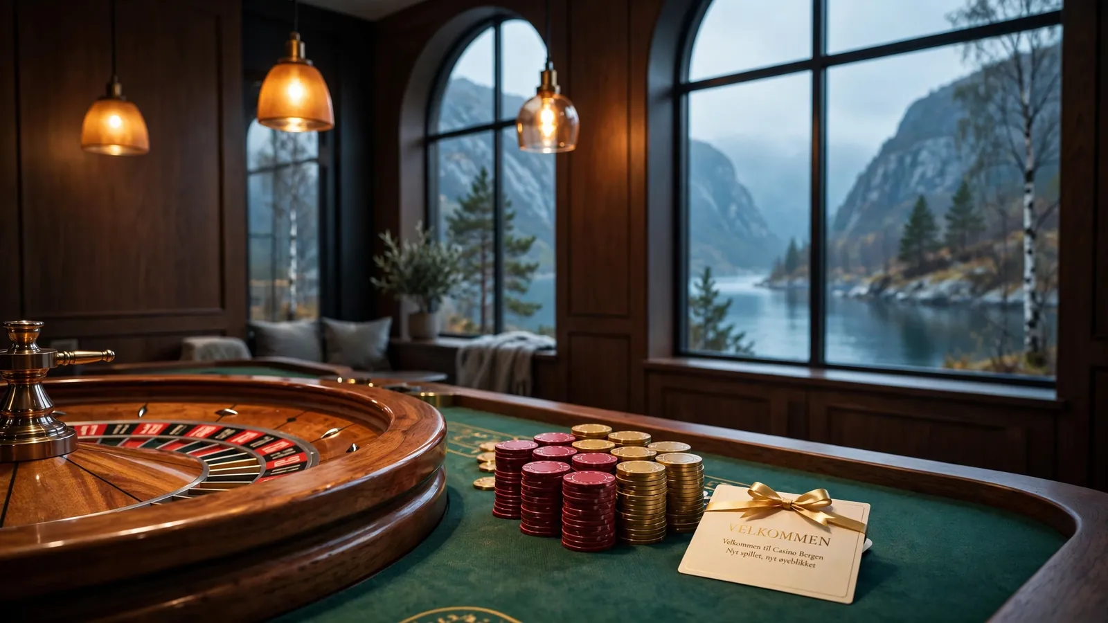 Roulettebord i elegant norsk casinostue med velkomstkort og jetonger