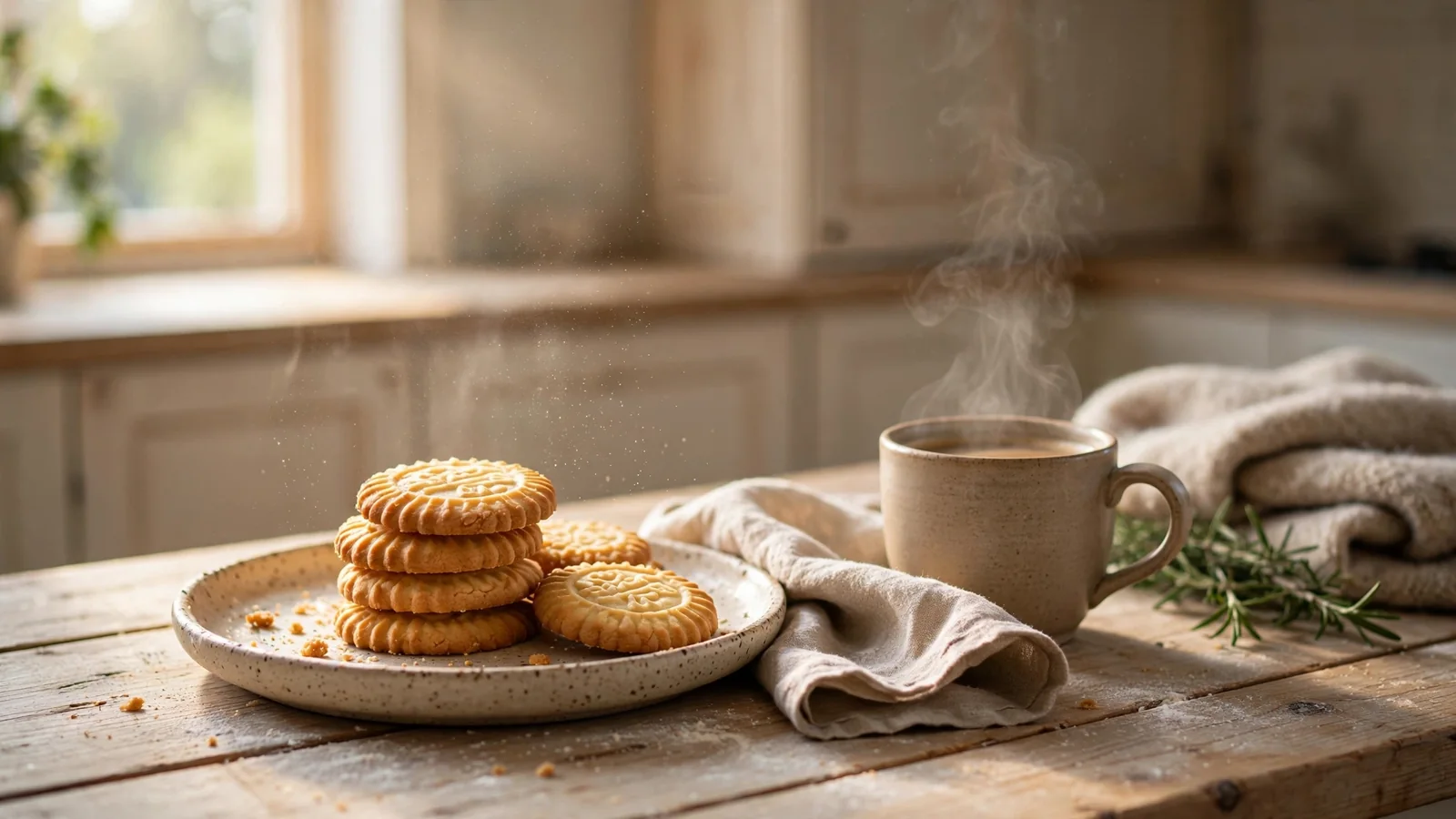Ferske norske småkaker på et rustikt kjøkkenbord ved siden av en kopp kaffe