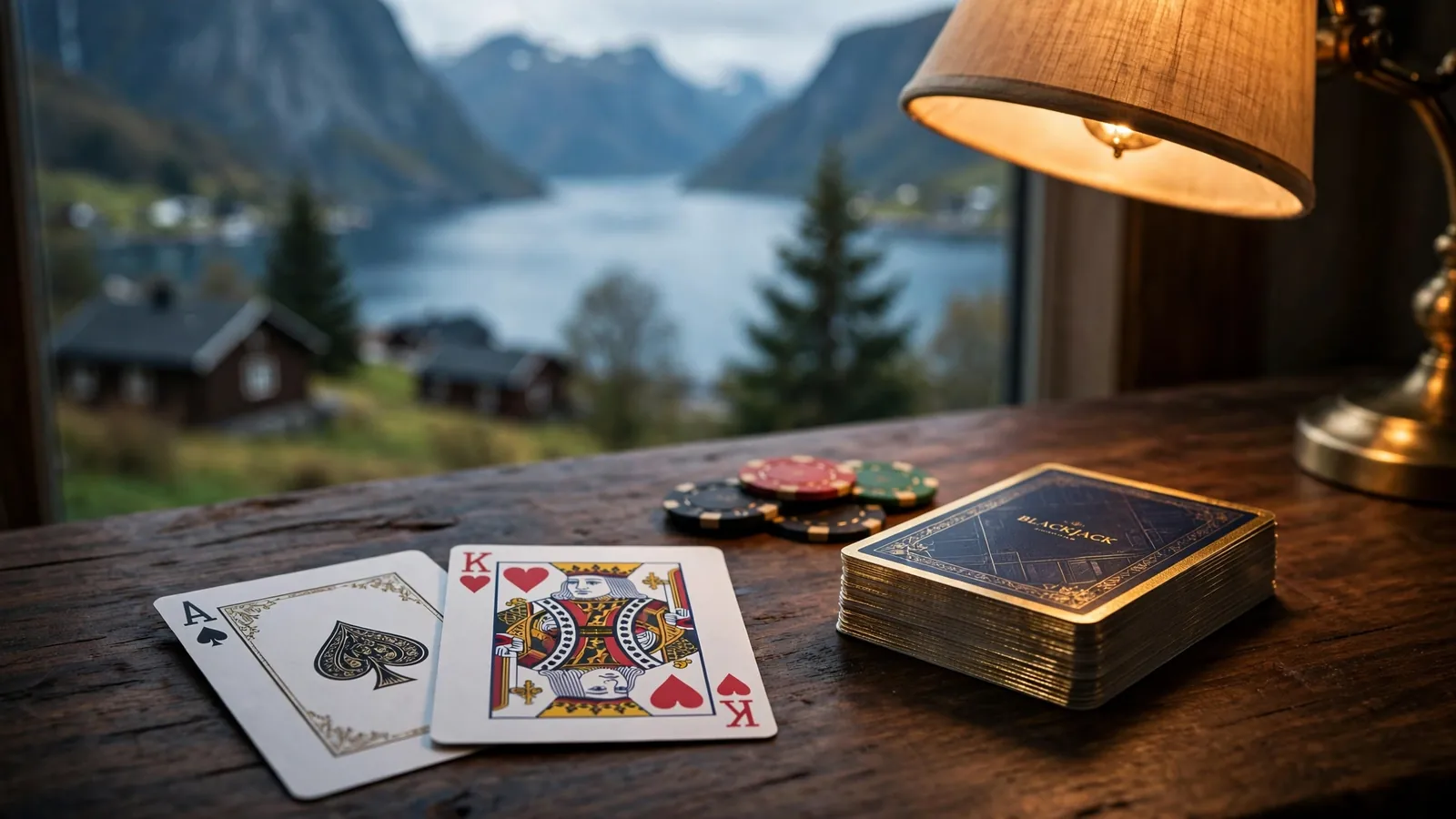 Blackjack-kort og casinobrikker på et trebord med fjord i bakgrunnen
