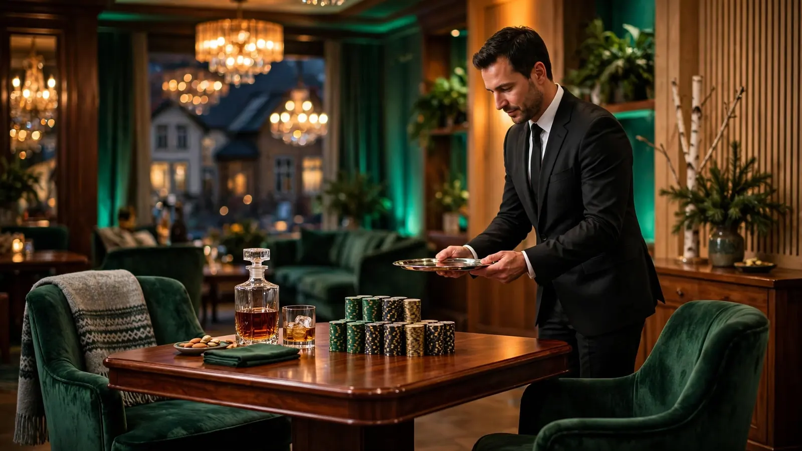 Eksklusiv VIP-lounge for highroller-spillere i et norsk luksuscino med jetonger og champagne
