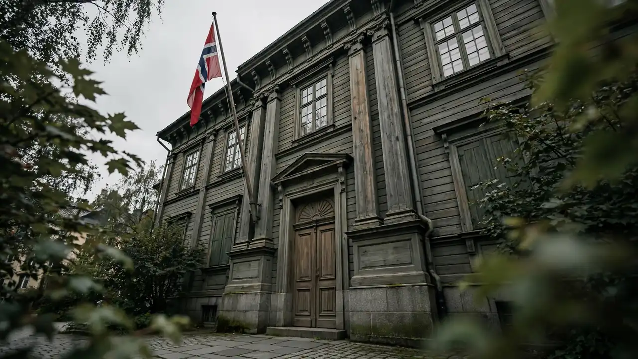 Norsk tinghus med flagg i Oslo