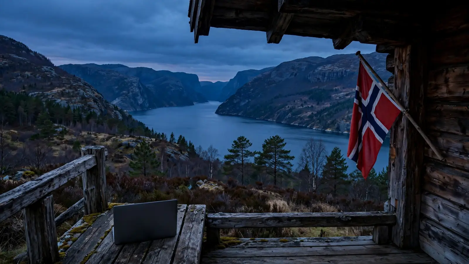 Stengt laptop på en hyttevegg ved norsk fjord ved skumring