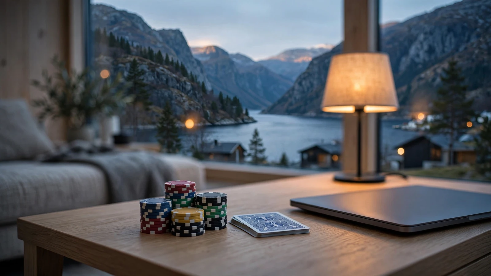 Moderne norsk stue med pokerjetonger, kort og lukket laptop, fjordutsikt i skumringen