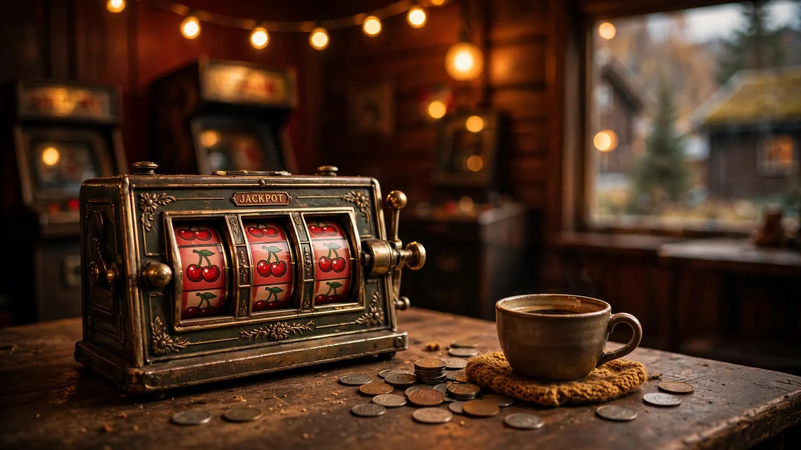 Klassisk mekanisk spilleautomat med tre hjul på et trebord