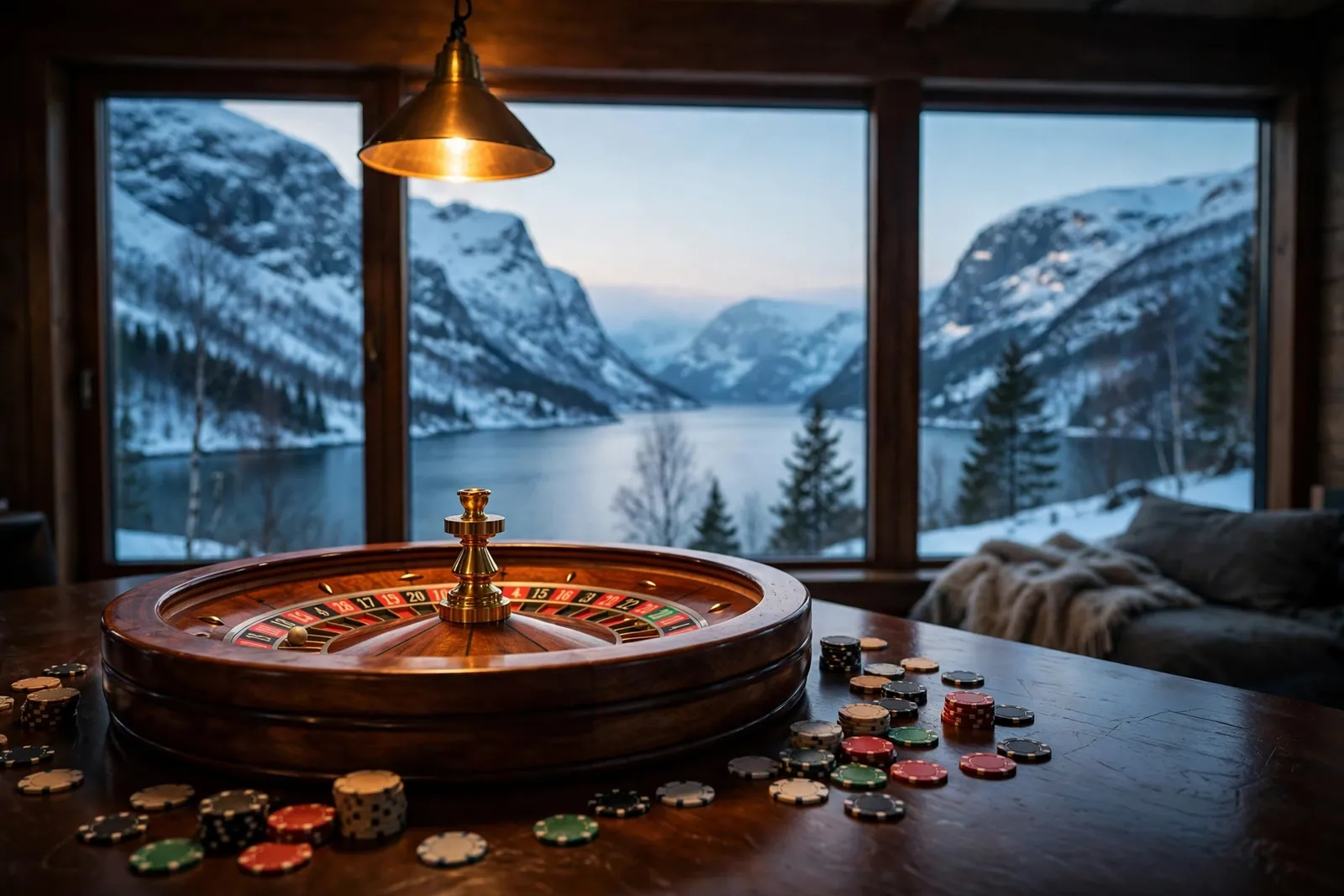 Roulettehjul og spillejetonger på trebord med utsikt over norsk fjord i vinterskumring