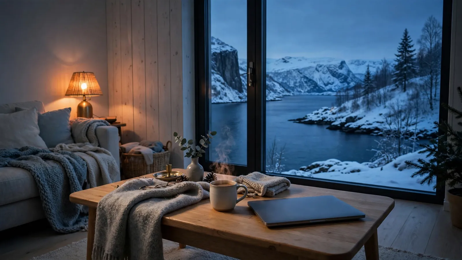 Moderne norsk stue med laptop og vinterfjord utenfor vinduet