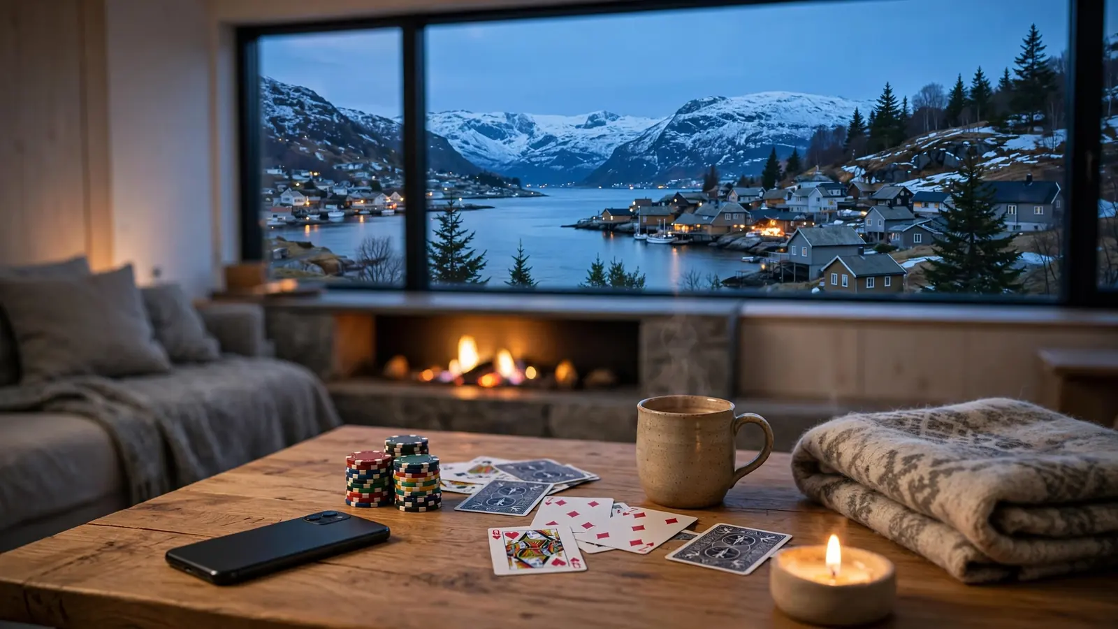 Koselig norsk stue med pokerjetonger og kort på bordet, fjord i bakgrunnen