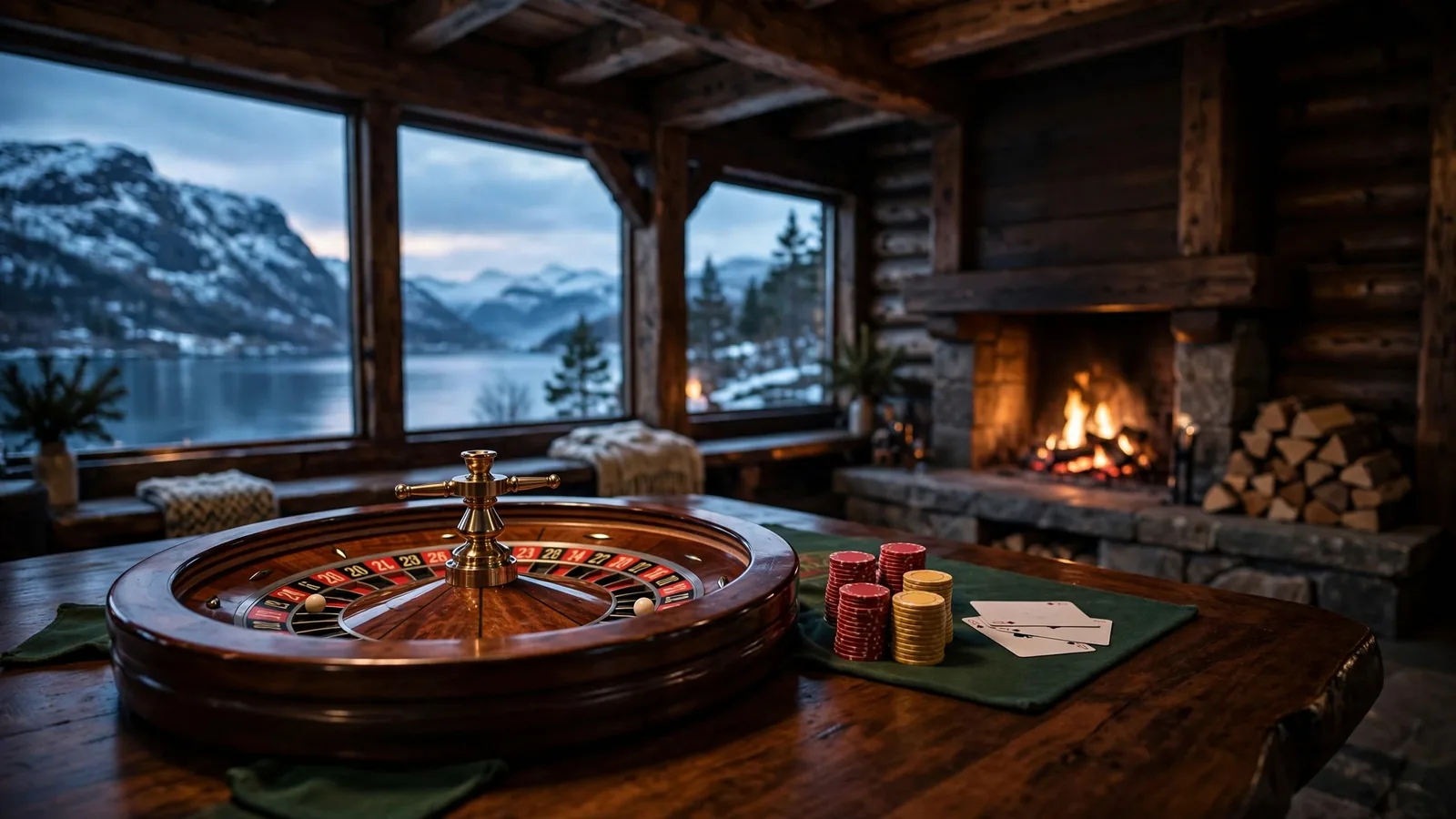 Elegant norsk fjellhytte med roulettehjul og jetonger ved fjordvindu i skumring