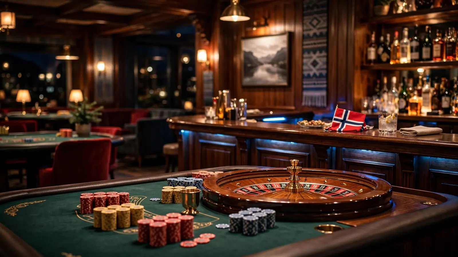 Elegant casinohall med rulettbord, jetonger og norsk detalj