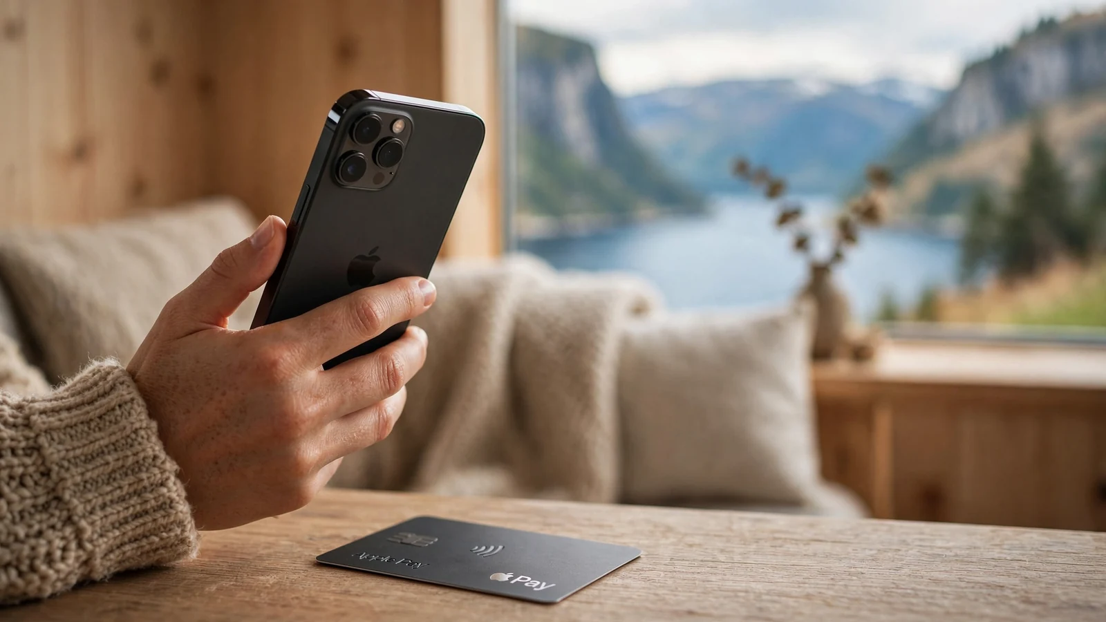 iPhone med Apple Pay-kort i koselig norsk interiør med fjordutsikt