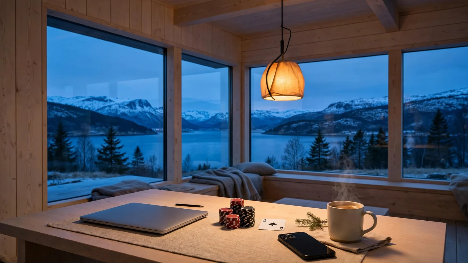 Moderne norsk hytte med pokerjetonger og kort ved vindu mot fjord