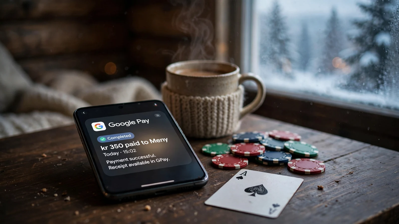 Smarttelefon med Google Pay-varsel på et trebord med pokerjetonger i en norsk hytte