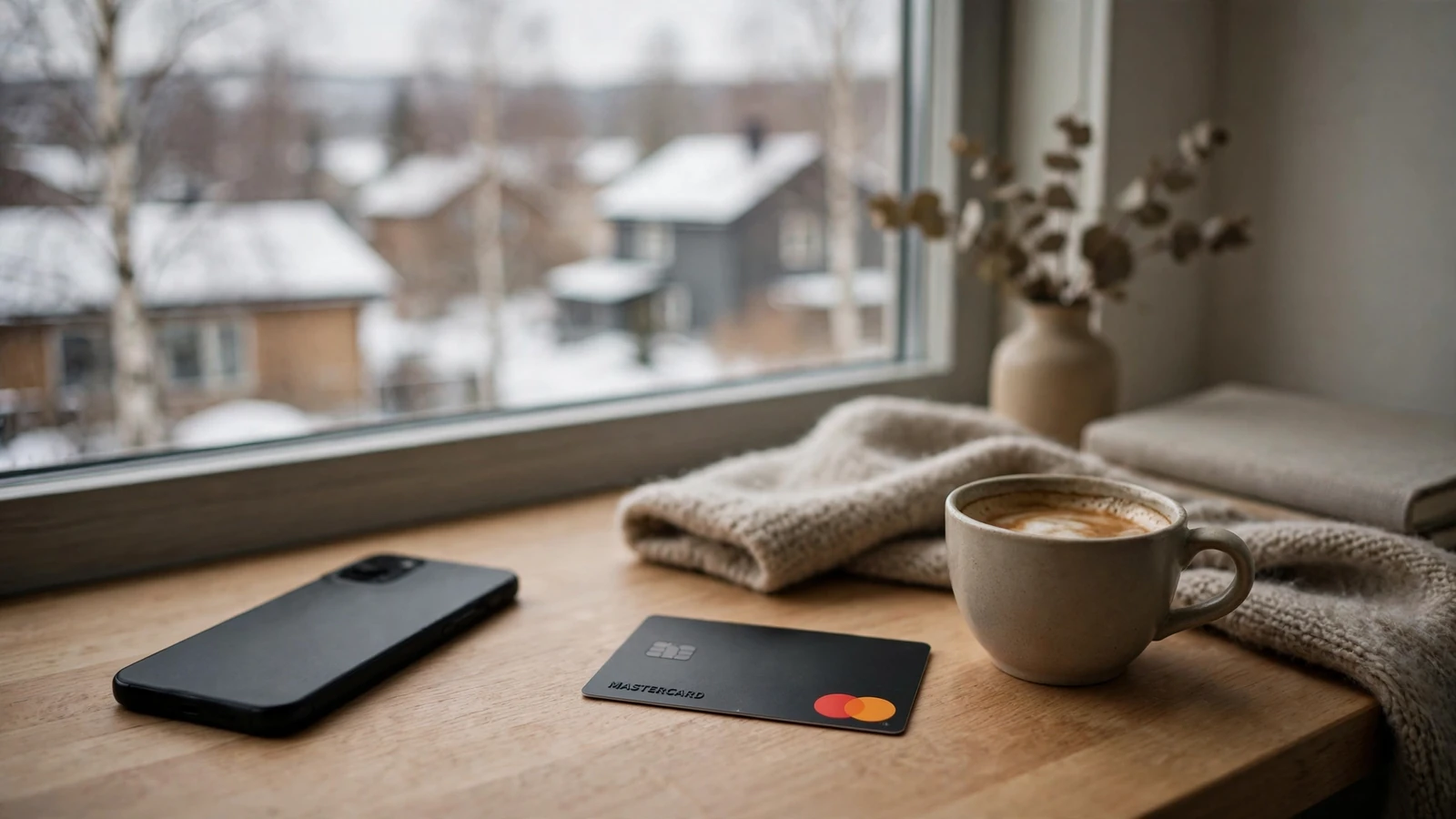 Mastercard-kort på skrivebord med norsk vintervindu i bakgrunnen