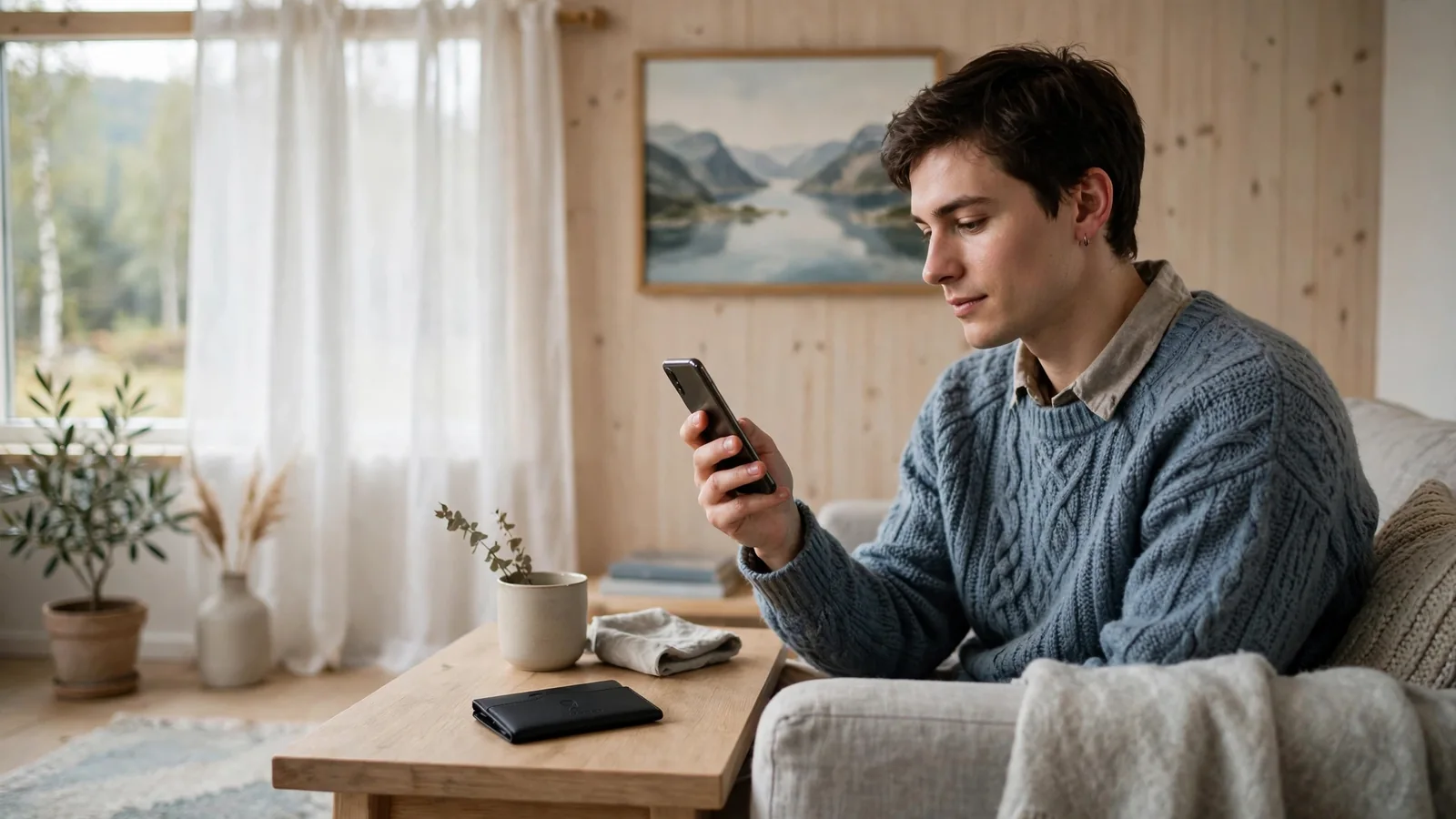 Person i moderne norsk stue bruker smarttelefon for sikker e-lommebok-betaling