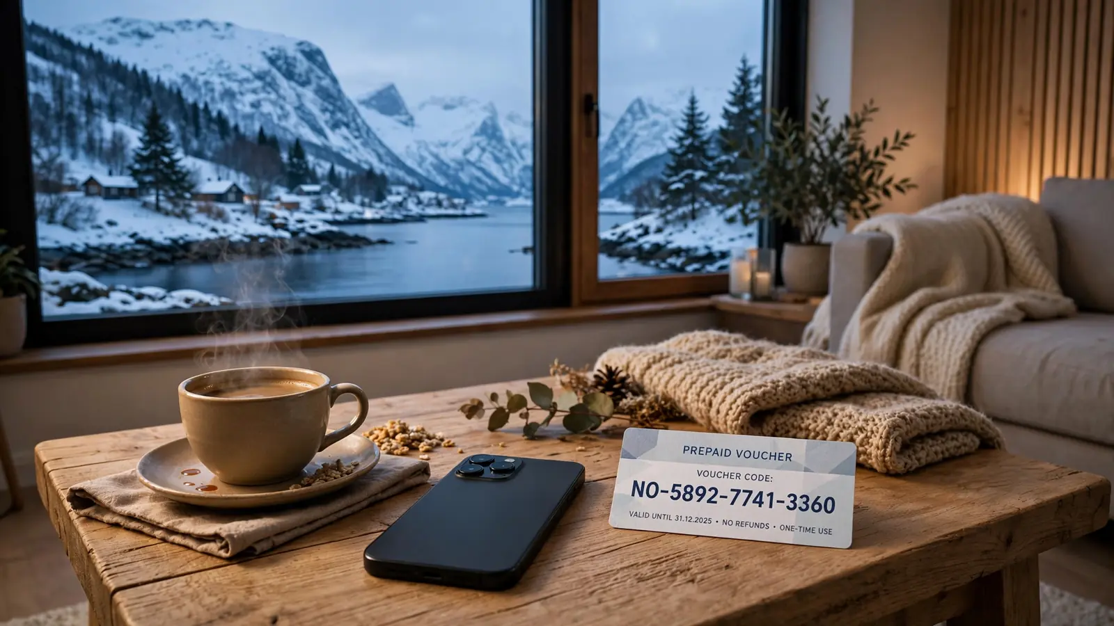 Neosurf-prepaidkode på bordet ved siden av en mobiltelefon i et norsk hjem.