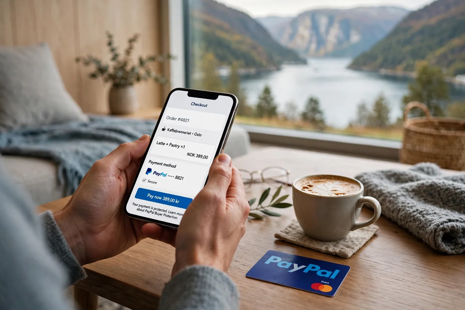 Hendene holder en telefon med PayPal-betaling i en moderne norsk stue