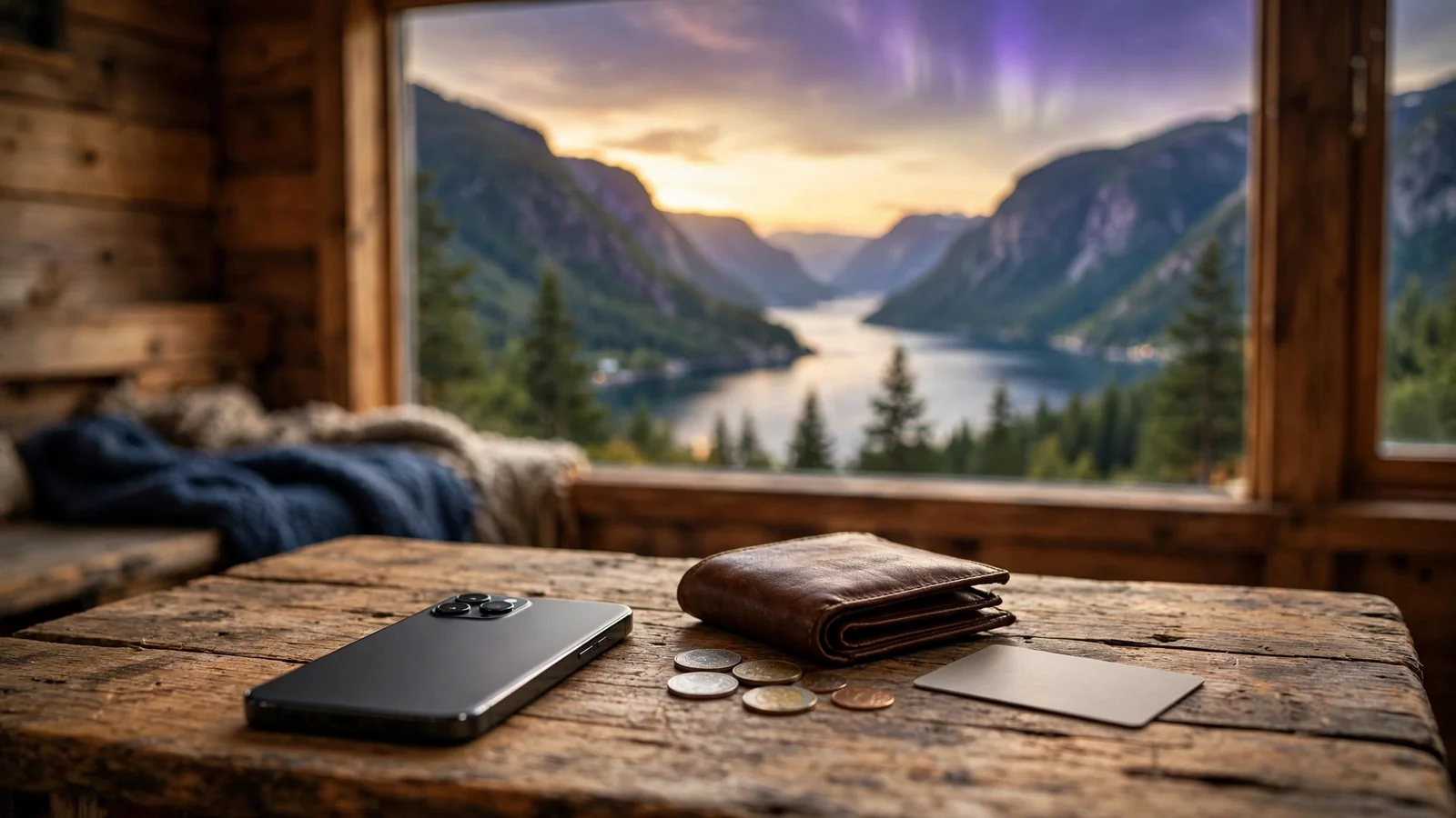 Smarttelefon og lommebok på trebord med norsk fjordlandskap i bakgrunnen
