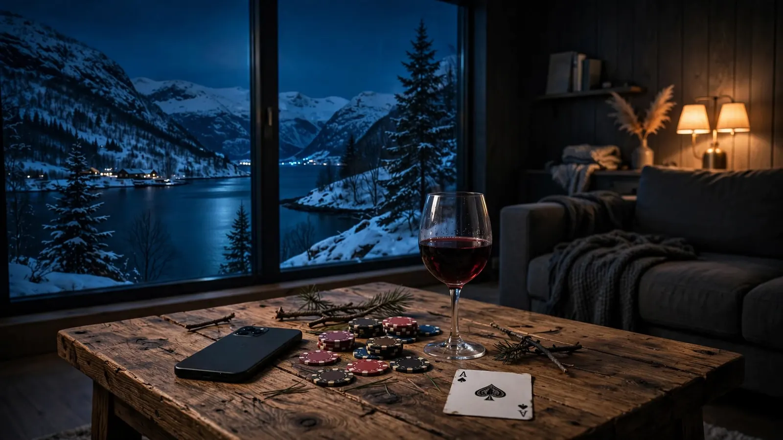 Smartphone vendt ned på bord ved siden av casinobrikker og norsk fjordutsikt