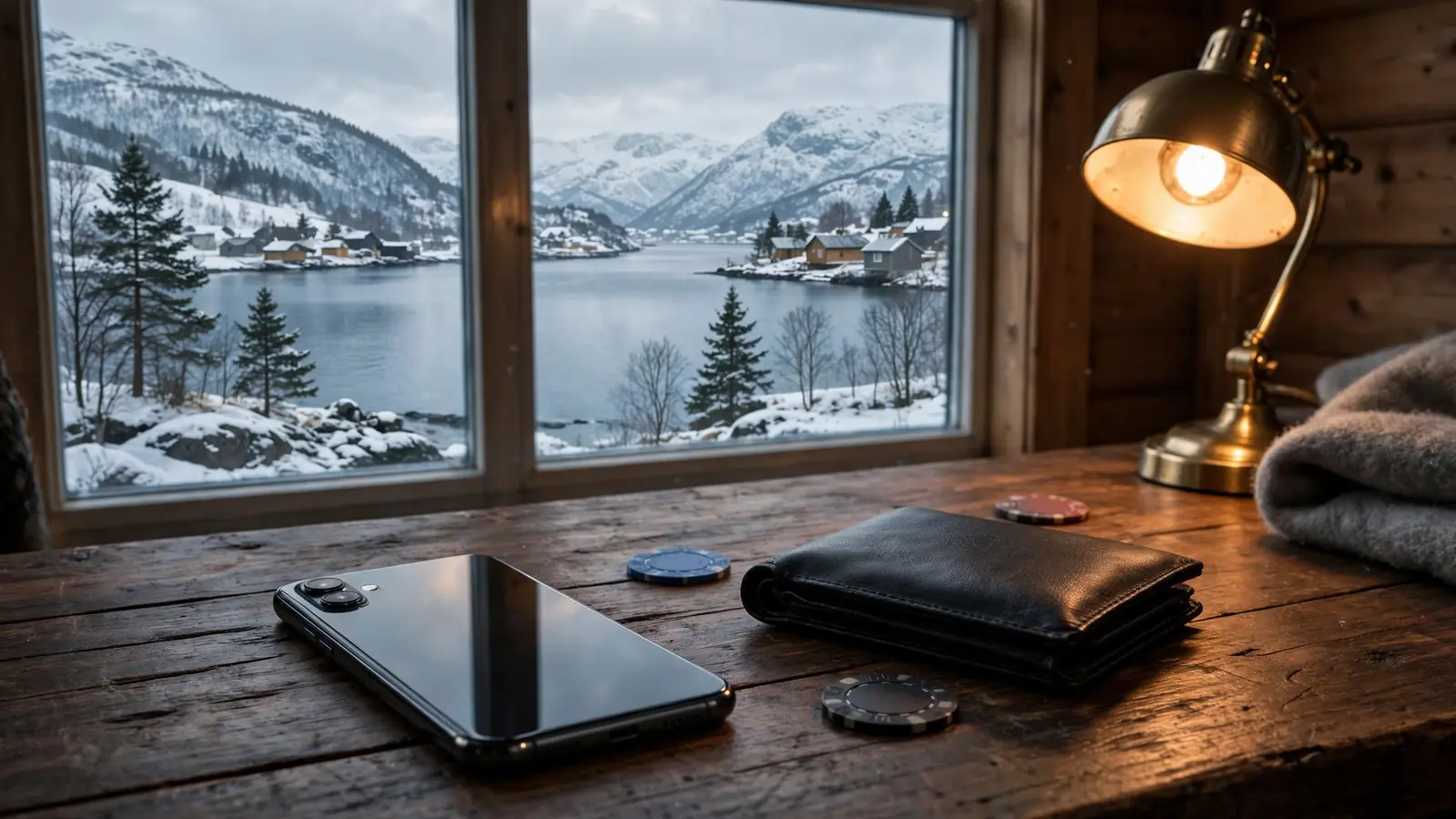 Smarttelefon, lommebok og casinobrikker på et mørkt bord med norsk vinterlandskap i bakgrunnen.