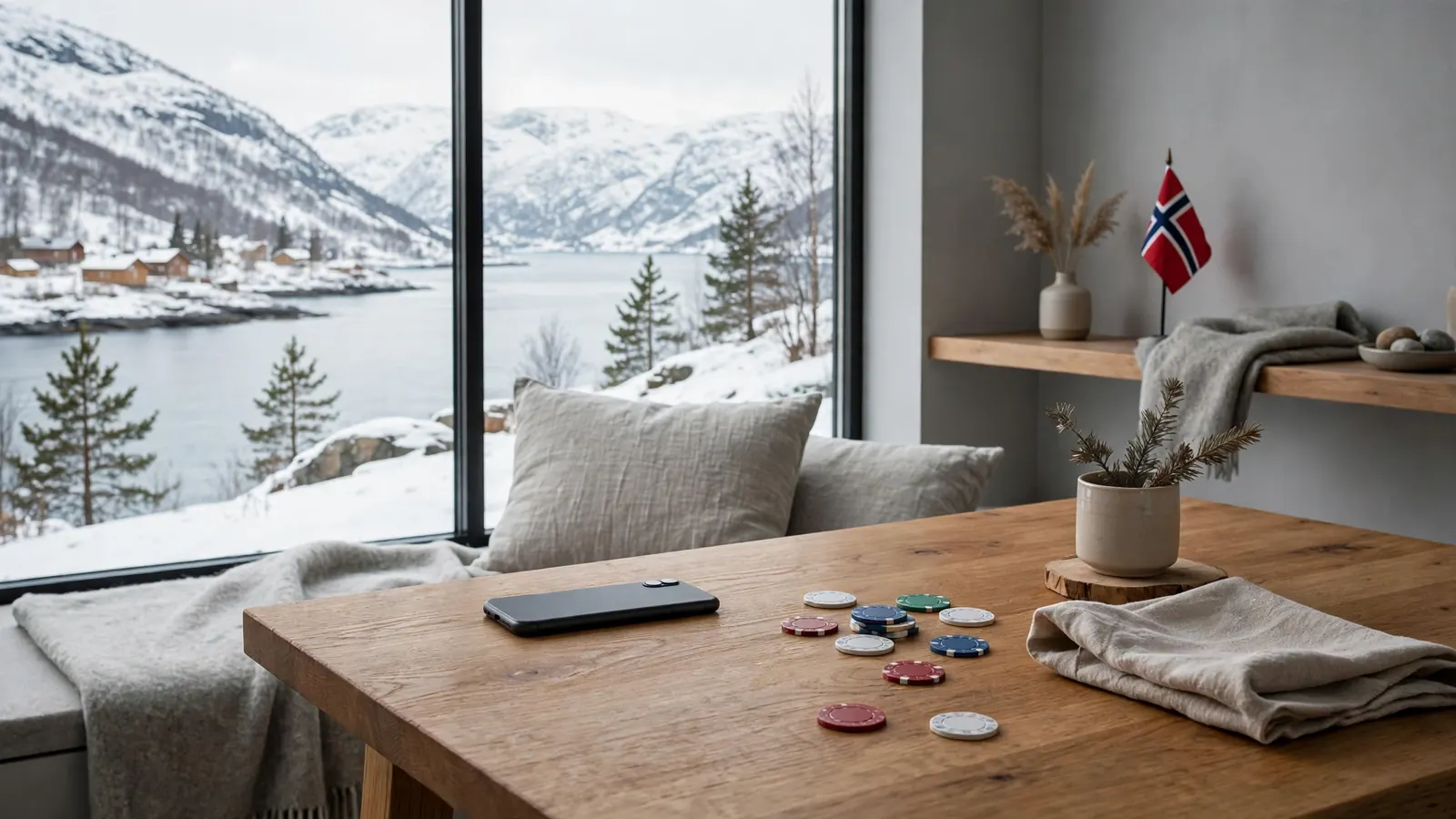 Casino chips og telefon på norsk trebord med fjord