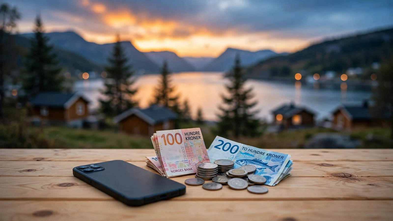 Norsk smarttelefon med kroner ved siden av en rolig fjord i skumringen