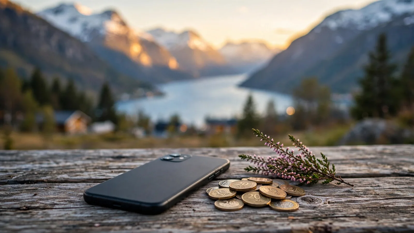 Smarttelefon vendt ned på et trebord ved siden av norske kronestykker, med en fjord og snødekte fjell i bakgrunnen.