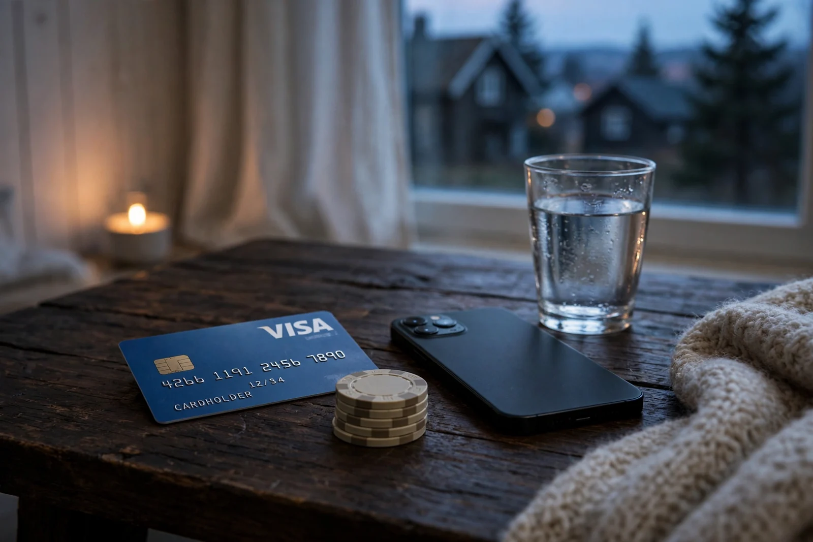 Visa-kort, jetonger og telefon på et mørkt bord