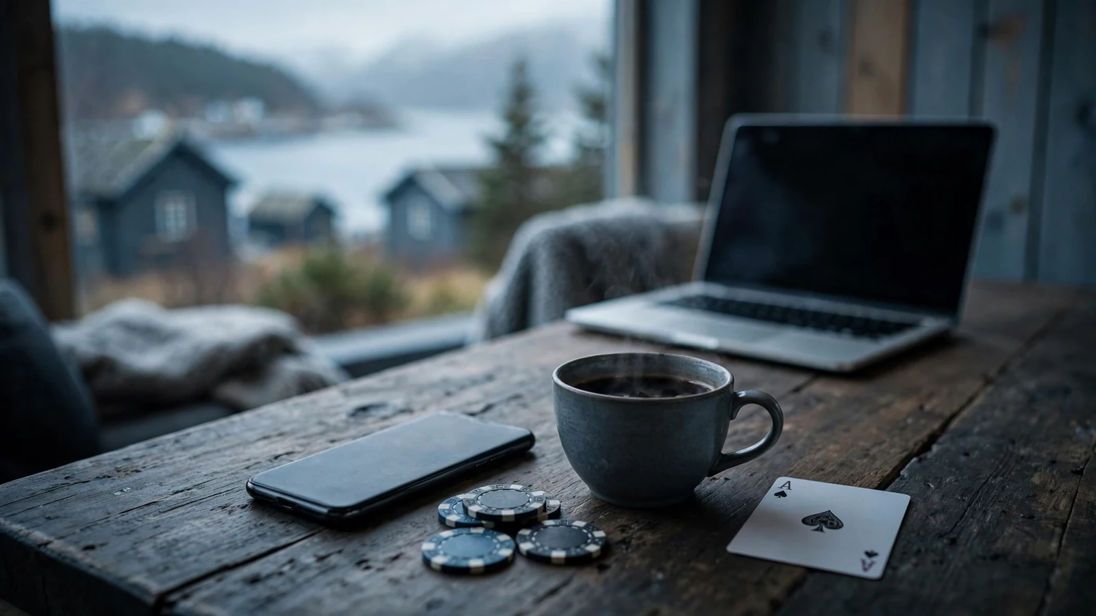Smarttelefon og casinokuler på et nordisk bord med kaffe